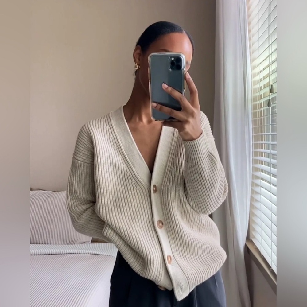 Quince Cream Ribbed Button-Up Cardigan